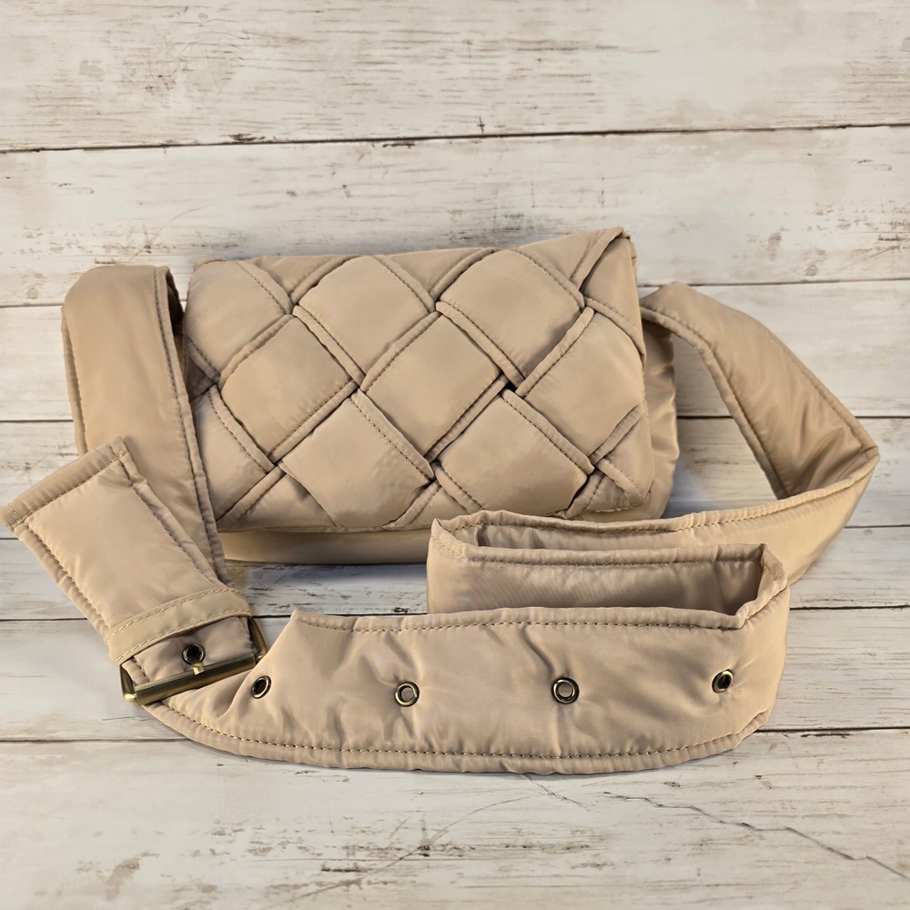 Anthropologie Quilted Woven Puffer Crossbody Bag Beige Tan Adjustable Strap
